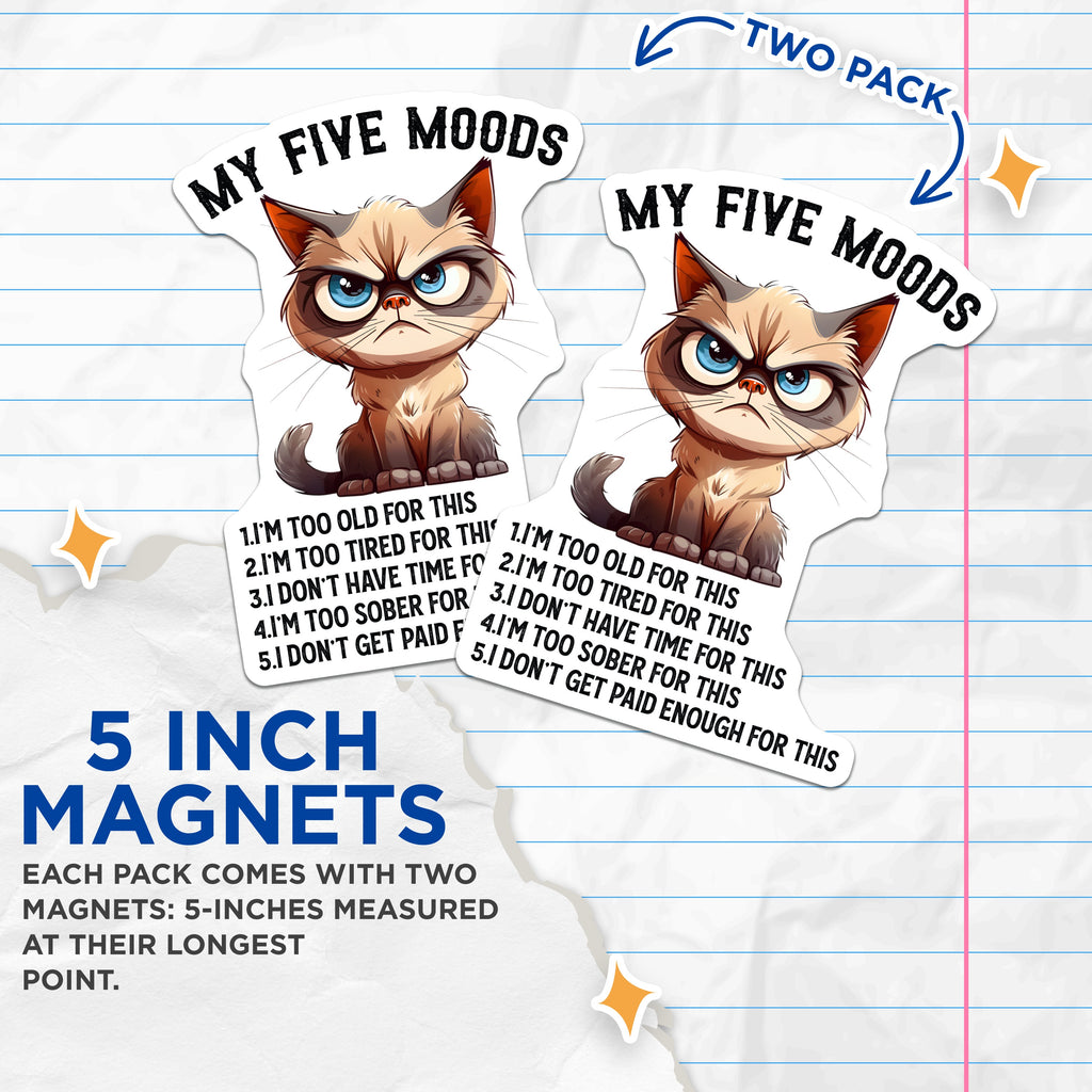 (2 Pack) Grumpy Cat Five Moods Magnets - Sarcastic Humor Decor - Relatable Work Quote Fridge Accessory - 5 Inches On Longest Side - Thick Durable Magnet - Made in USA - MAG38037