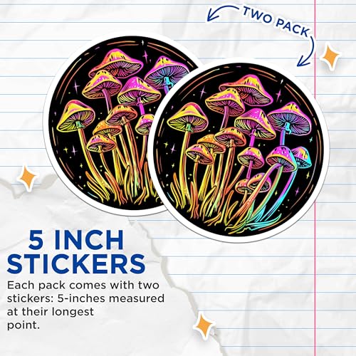 (2 Pack) Psychedelic Mushroom Stickers - Trippy Art - Colorful Mushroom Decor - 5" On Longest Side - Sticks to Smooth Flat Surfaces - Made in USA - BMCS6889