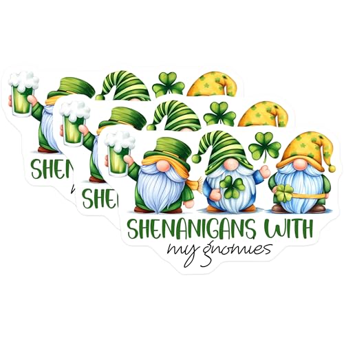 (3 Pack) St Patricks Day Decals - Shenanigans with Gnomes - Irish Gnome Laptop Decal - 3 Inches On Longest Side - Easy Peel & Apply - Made in USA - 3MCS7162