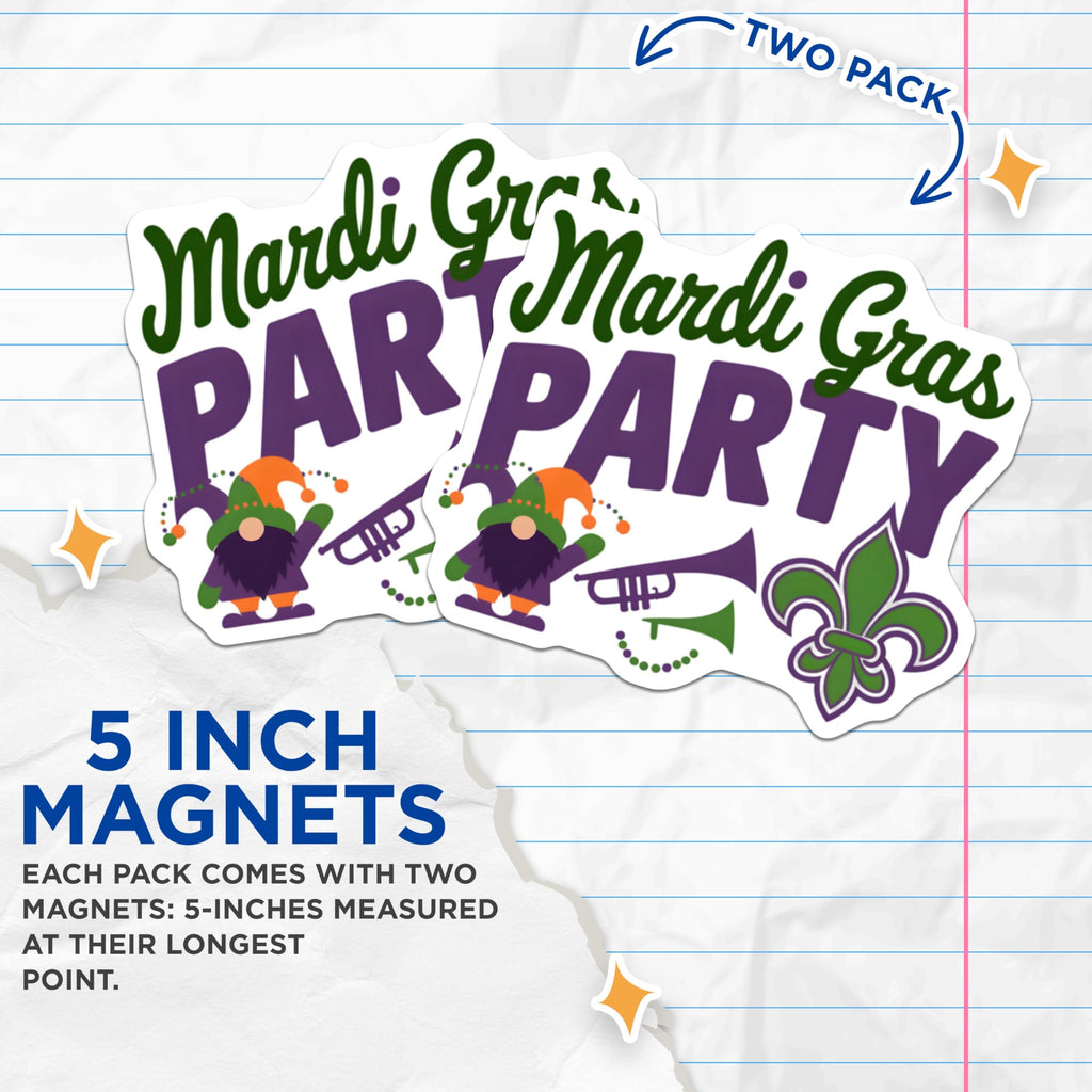 (2 Pack) Mardi Gras Party Magnets - Gnome Magnet Set - Purple Green Carnival Decor - 5" On Longest Side - Premium Magnet - for Cars, Refrigerators, Toolboxes, Lockers - Made in USA - MAG16424