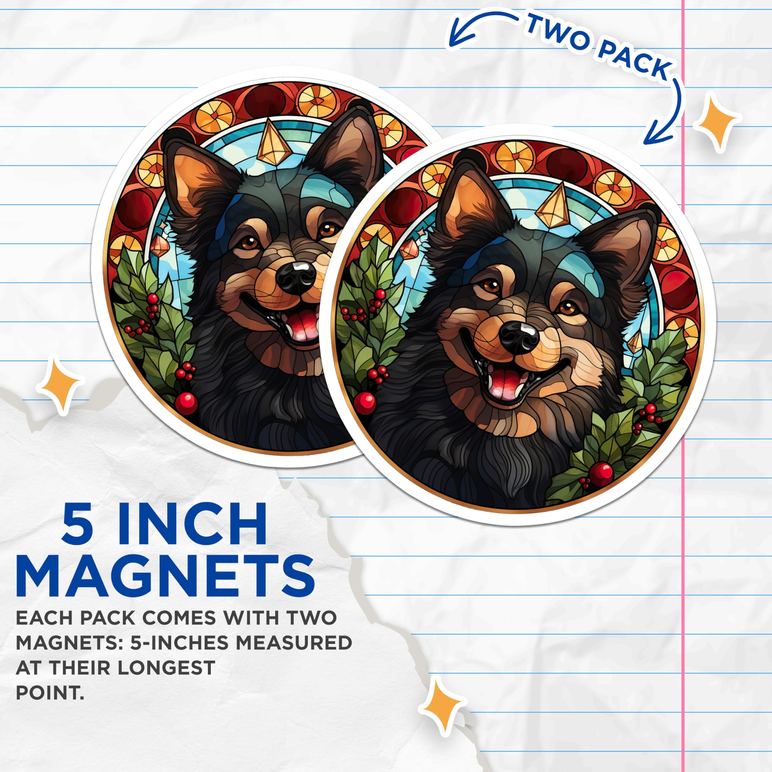 (2 Pack) Stained Glass Dog Magnets - Christmas Holiday Pet Decor - Happy Canine Refrigerator Art - 5 Inches On Longest Side - Thick Durable Magnet - Made in USA - MAG24016