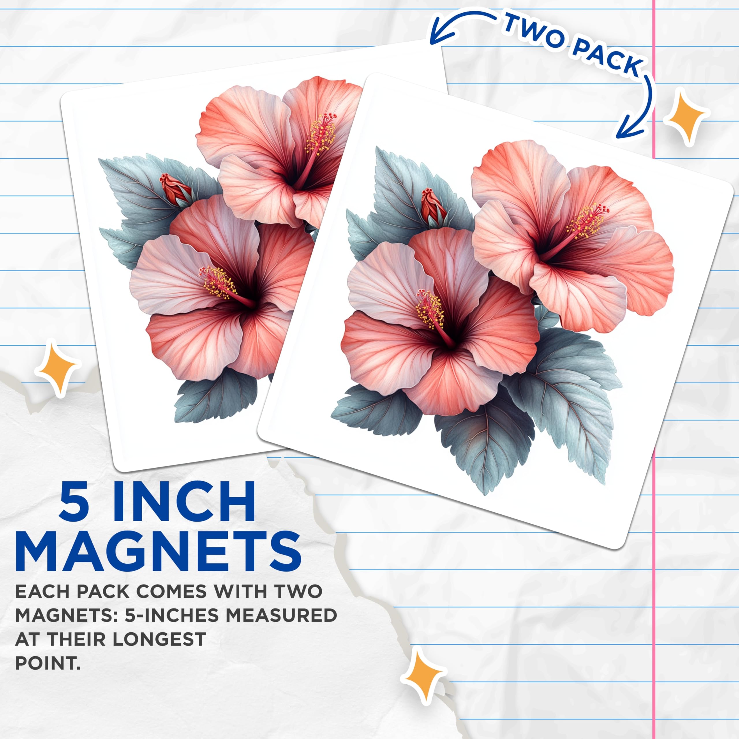 (2 Pack) Hibiscus Flower Magnets - Tropical Floral Decor - Botanical Fridge Accent - 5 Inches On Longest Side - Thick Durable Magnet - Made in USA - MAG28645