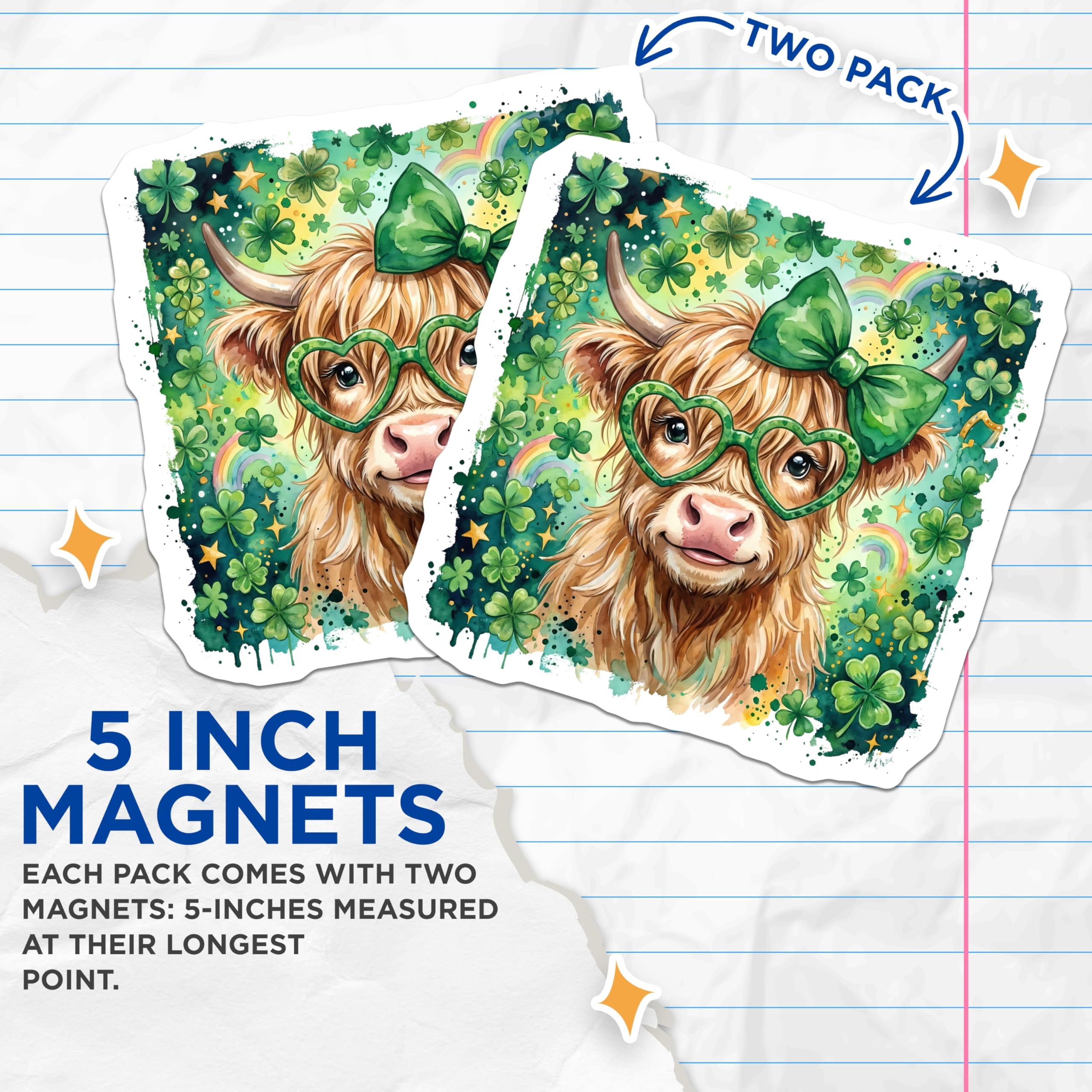 (2 Pack) St Patricks Day Cow Magnets - Irish Highland Cattle - Clover Magnets - 5" On Longest Side - Premium Magnet - for Cars, Refrigerators, Toolboxes, Lockers - Made in USA - MAG16175