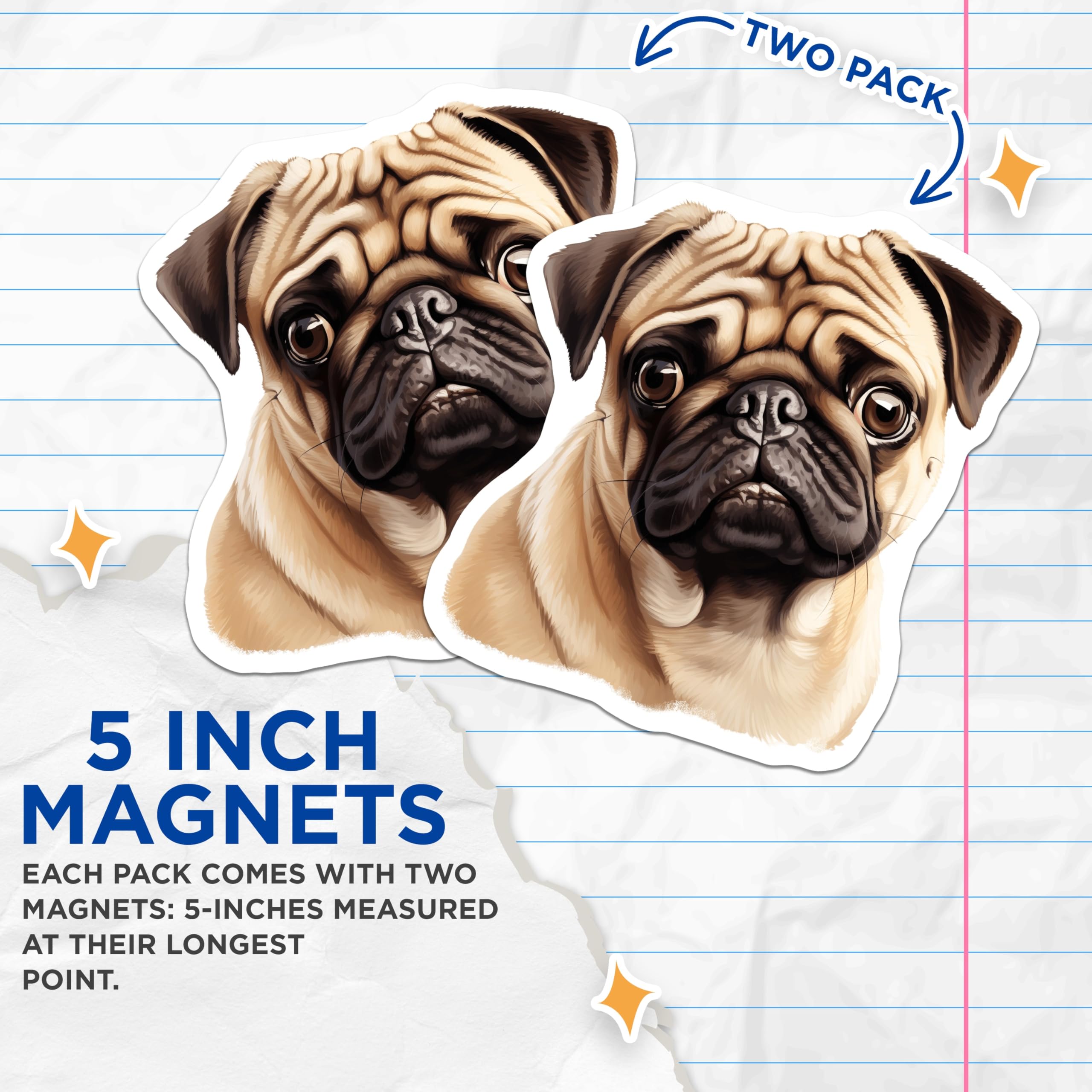 (2 Pack) Pug Dog Magnets - Adorable Fawn Puppy Decor for Fridge - Beloved Pet Animal Lover Refrigerator Art - 5 Inches On Longest Side - Thick Durable Magnet - Made in USA - MAG23990
