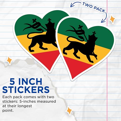 (2 Pack) Lion of Judah Stickers - Rasta Emblem Decals - Ethiopian Flag Heart Decals - 5" On Longest Side - Sticks to Smooth Flat Surfaces - Made in USA - BMCS6225