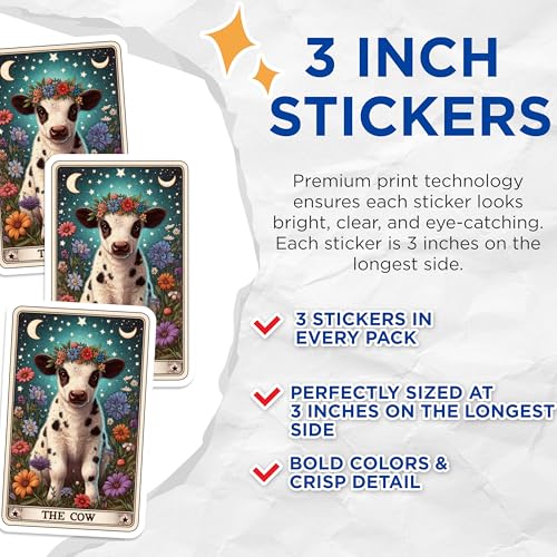 (3 Pack) Cow Tarot Card Decals - Flower Crown Cow - Astrology Decals - 3 Inches On Longest Side - Easy Peel & Apply - Made in USA - 3MCS4140