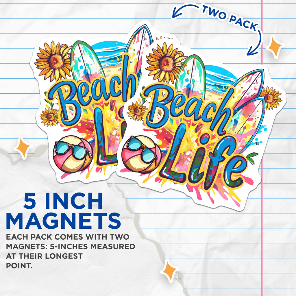 (2 Pack) Beach Life Magnets - Summer Vibes Decor - Surfboard Art - Coastal Home Decor - Vacation Souvenir - 5 Inches On Longest Side - Thick Durable Magnet - Made in USA - MAG36230