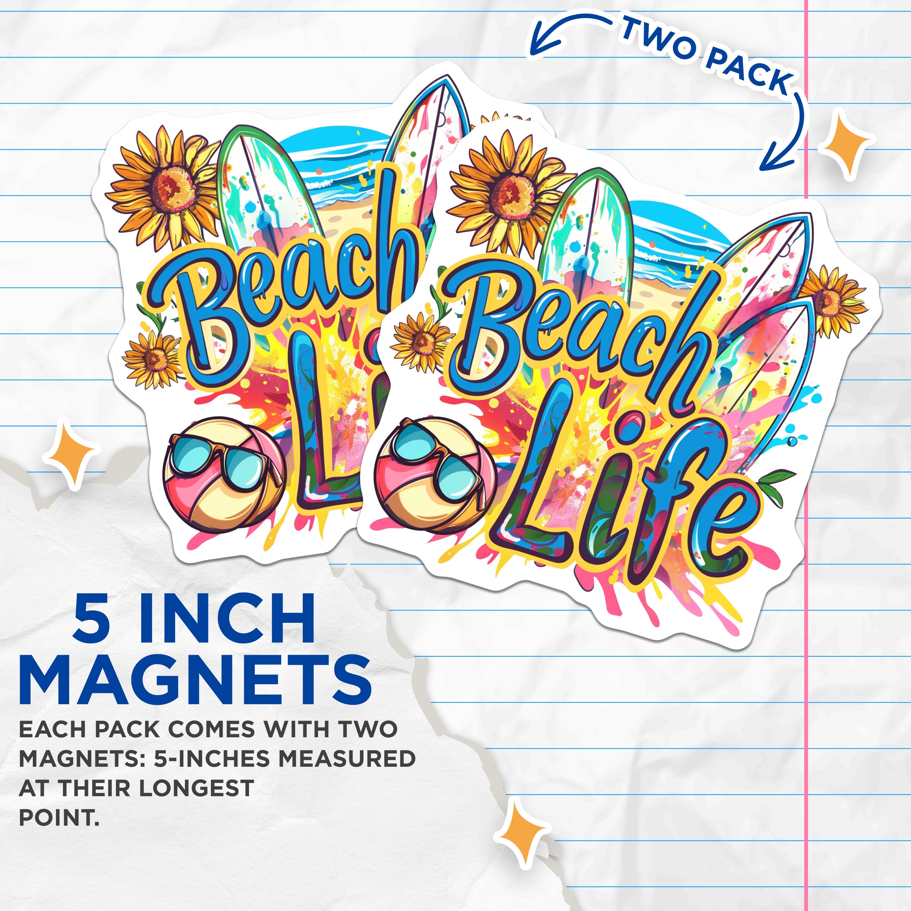(2 Pack) Beach Life Magnets - Summer Vibes Decor - Surfboard Art - Coastal Home Decor - Vacation Souvenir - 5 Inches On Longest Side - Thick Durable Magnet - Made in USA - MAG36230