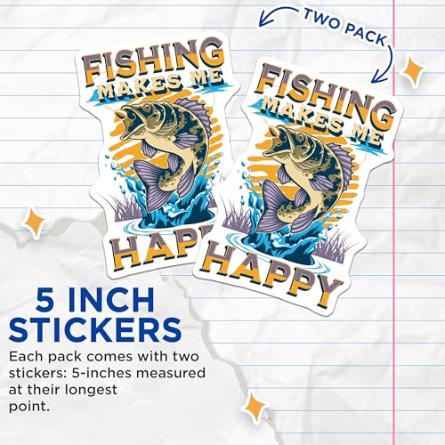 (2 Pack) Fishing Makes Me Happy Stickers - Angler Vinyl Decals - Outdoor Enthusiast Stickers - 5" On Longest Side - Sticks to Any Smooth Flat Surface - Made in USA - BMCS3464