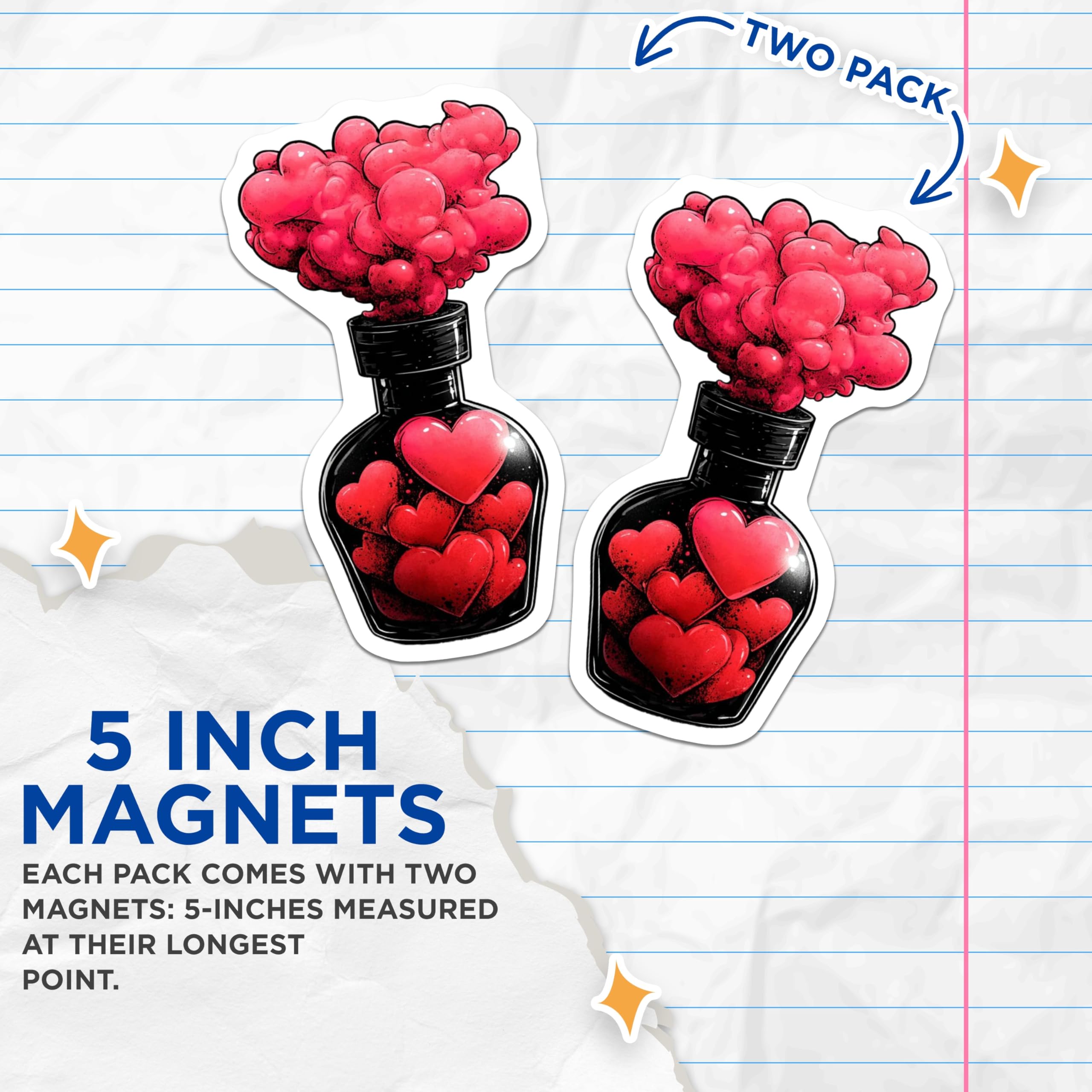 (2 Pack) Love Potion Magnets - Romantic Heart Bottle Art - Valentines Day Decor - Emotional Display - 5 Inches On Longest Side - Thick Durable Magnet - Made in USA - MAG22964