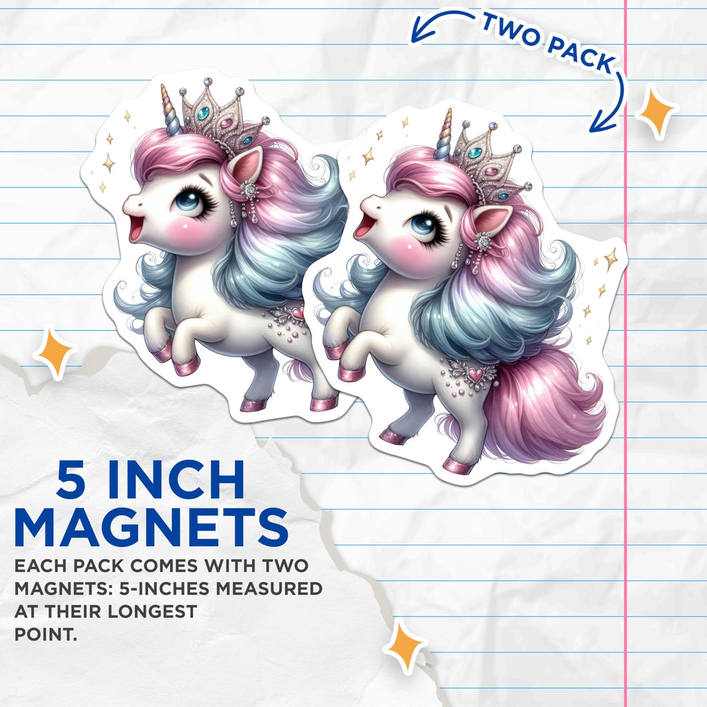 (2 Pack) Princess Unicorn Magnets - Cute Fantasy Decor - Magical Pastel Pony - Whimsical Mythical Creature - 5 Inches On Longest Side - Thick Durable Magnet - Made in USA - MAG21889
