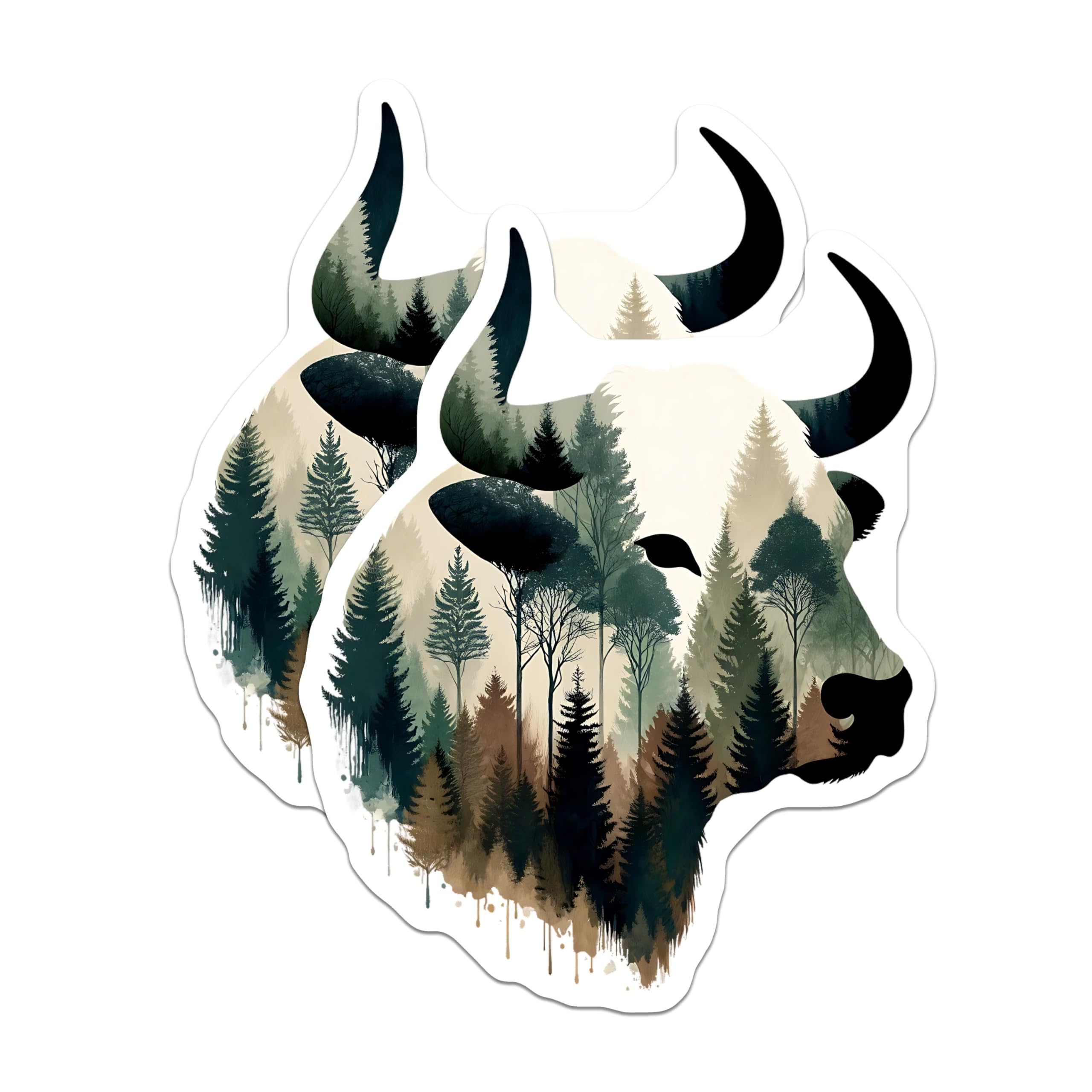 (2 Pack) Bull Stickers - Forest Silhouette - Rustic Home Decor- 5" On Longest Side - Sticks to Smooth Flat Surfaces - Made in USA - BMCS16090