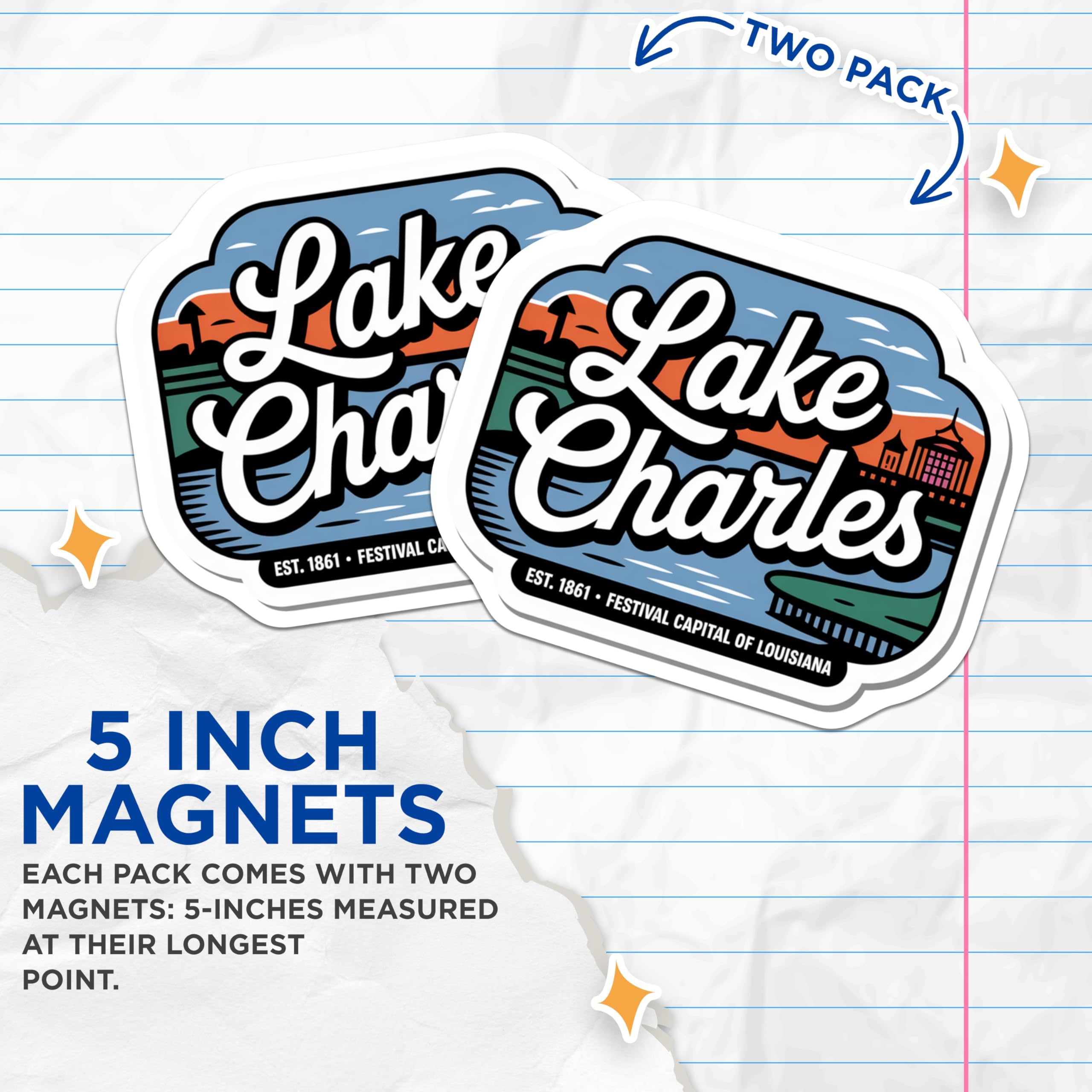(2 Pack) Lake Charles Louisiana Magnets - Festival Capital Est 1861 - Vintage Travel Souvenir - 5 Inches On Longest Side - Thick Durable Magnet - Made in USA - MAG19155