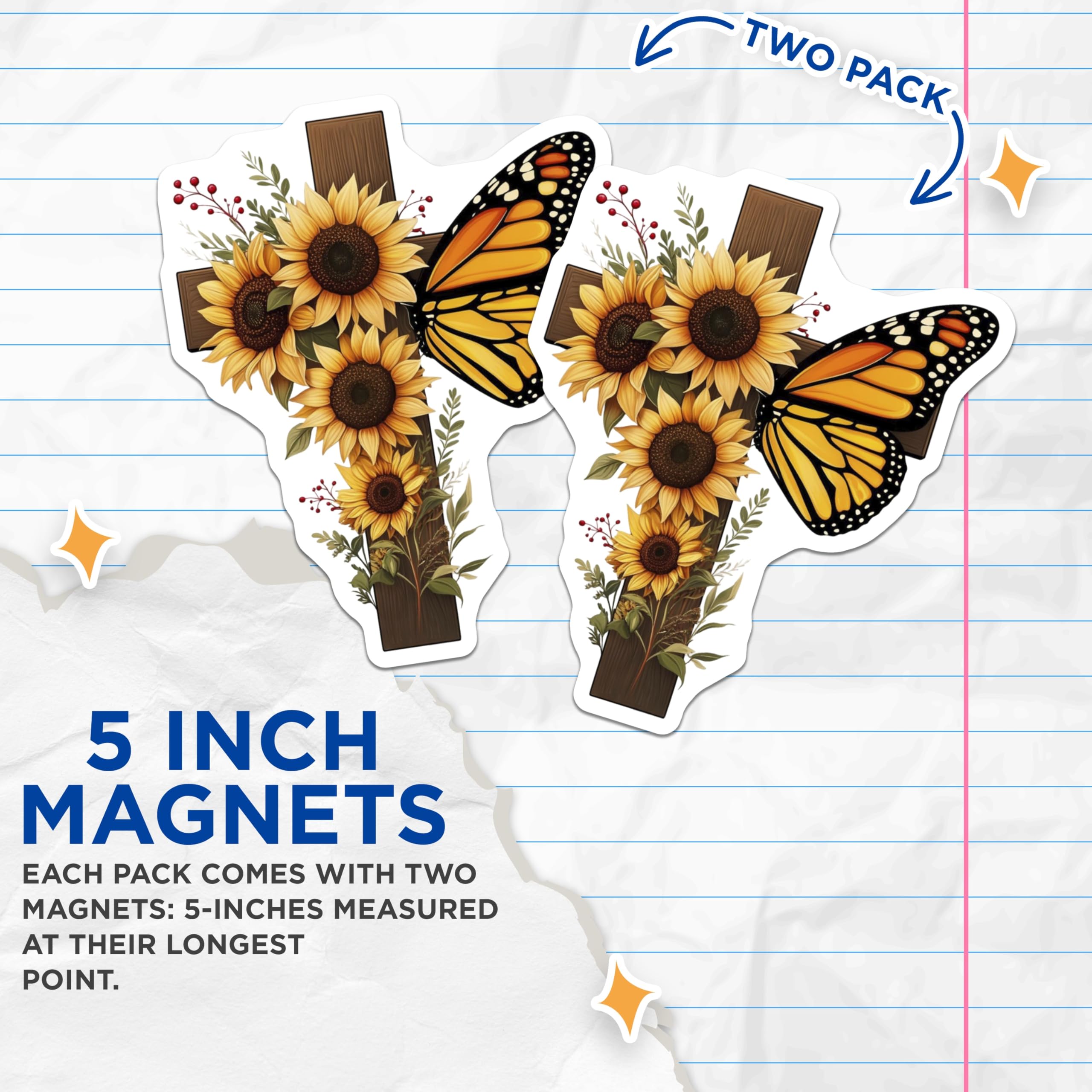 (2 Pack) Sunflower Cross Magnets - Monarch Butterfly - Religious Kitchen Decor - 5" On Longest Side - Premium Magnet - for Cars, Refrigerators, Toolboxes, Lockers - Made in USA - MAG16897