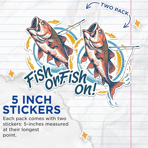 (2 Pack) Fish On Stickers - Fishing Enthusiast Stickers - Sport Fishing Stickers - 5" On Longest Side - Sticks to Any Smooth Flat Surface - Made in USA - BMCS2623
