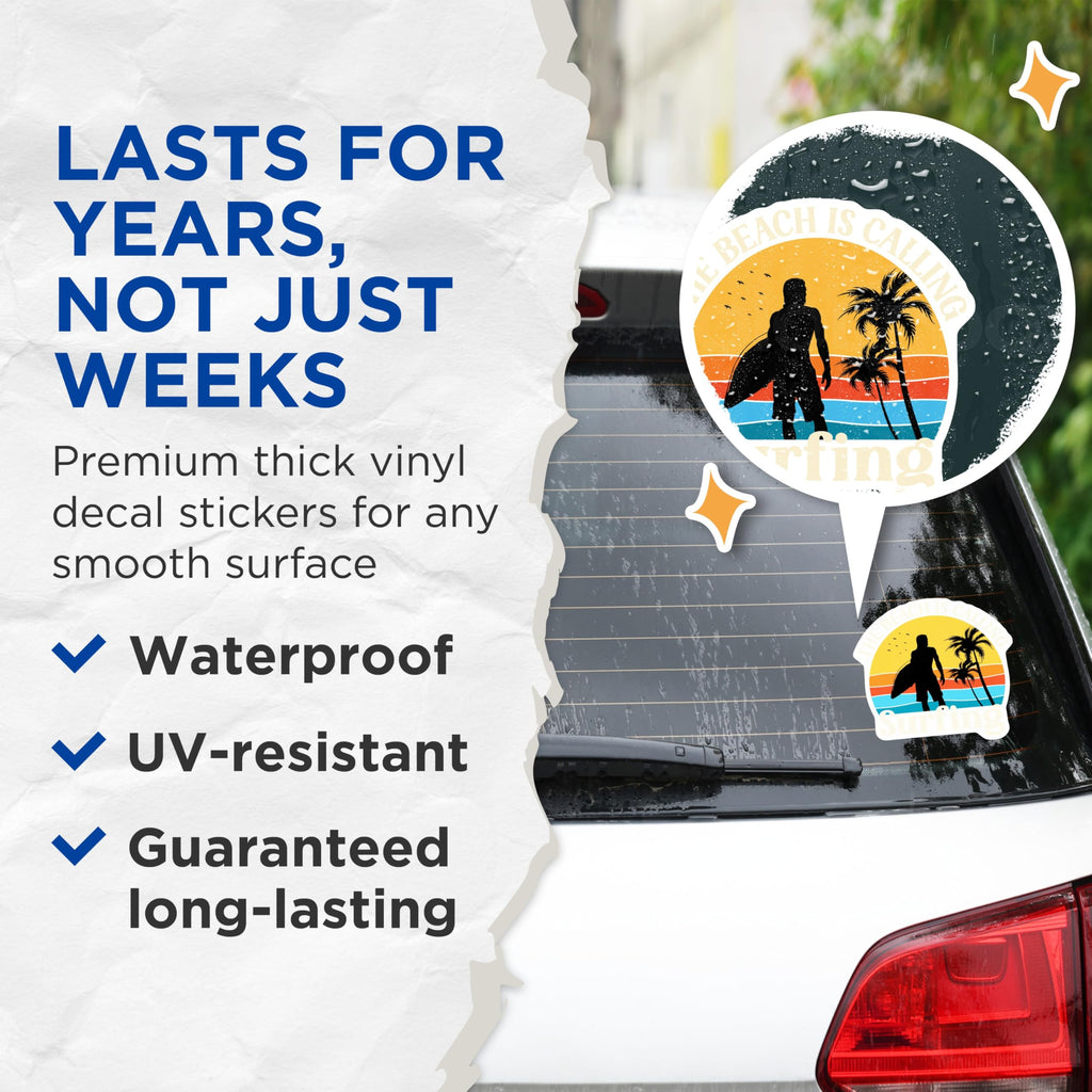 (2 Pack) Beach is Calling Surfing Stickers - Surfer Sunset Vibe - Ocean Life Adventure Decals - 5" On Longest Side - Sticks to Smooth Flat Surfaces - Made in USA - BMCS20917