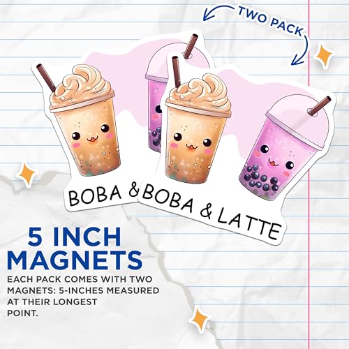 (2 Pack) Kawaii Boba and Latte Magnets - Fun Kitchen Decor - 5" On Longest Side - for Cars, Fridges, Toolboxes - Made in USA - MAG7744