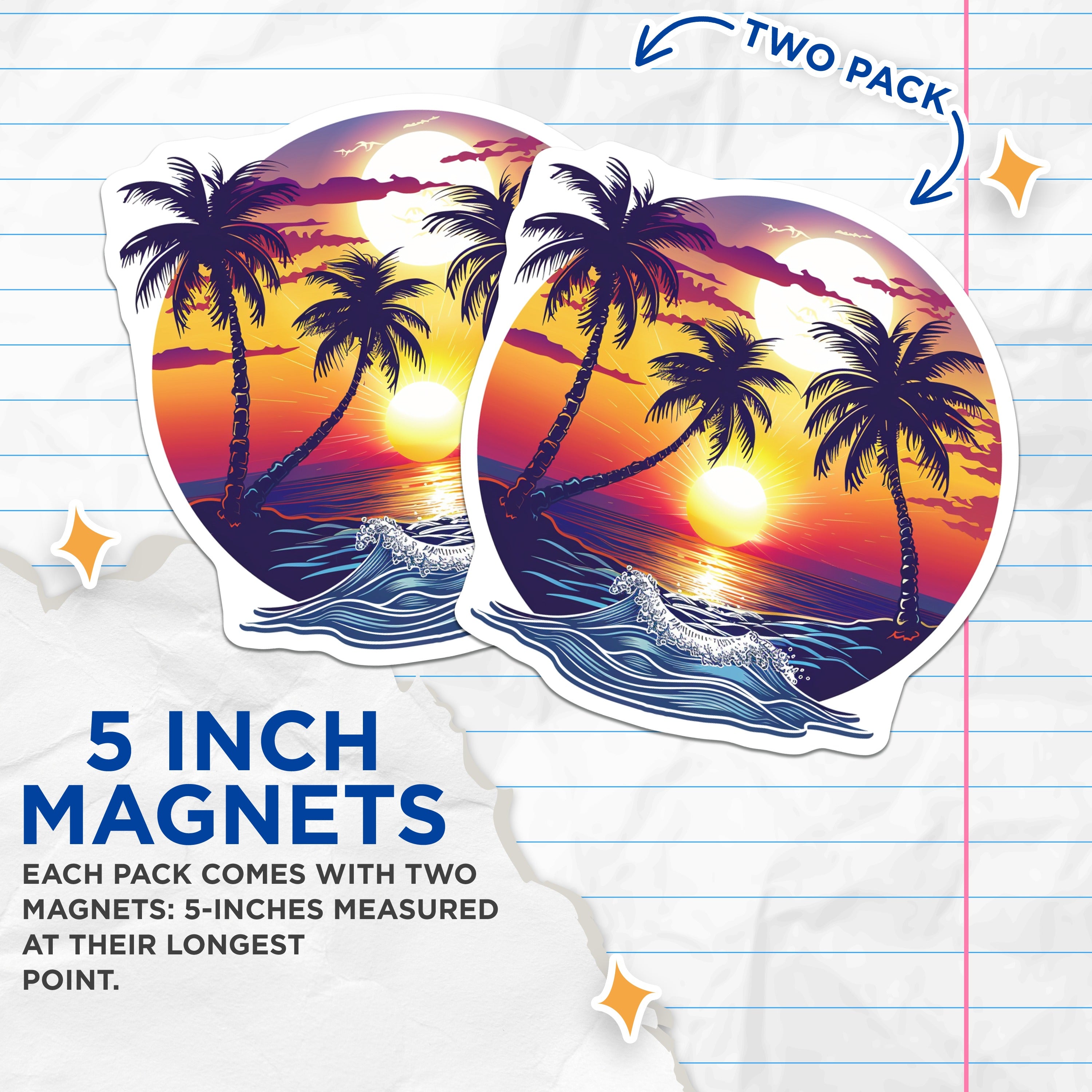 (2 Pack) Vibrant Tropical Sunset Refrigerator Magnets - Coastal Beach Wave Art - Palm Tree Scene Kitchen Decor - 5 Inches On Longest Side - Thick Durable Magnet - Made in USA - MAG37398