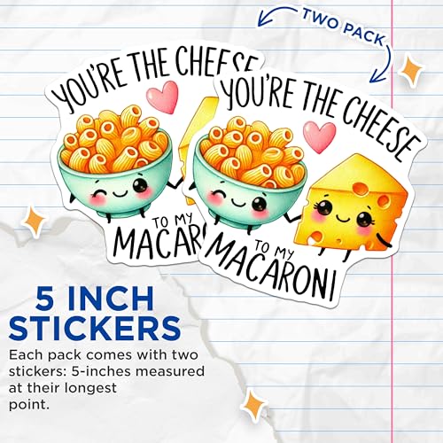 (2 Pack) You're The Cheese to My Macaroni Stickers - Cute Couple Stickers - Fun Food Stickers - 5" On Longest Side - Sticks to Any Smooth Flat Surface - Made in USA - BMCS3392