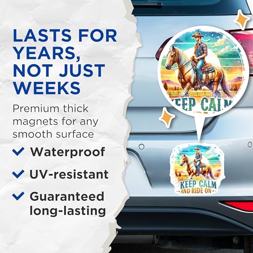 (2 Pack) Keep Calm and Ride On Magnets - Equestrian Decor - Cowboy Art - Horse Lover Magnets - Western Decor - 5" On Longest Side - for Cars, Fridges, Toolboxes - Made in USA - MAG6651