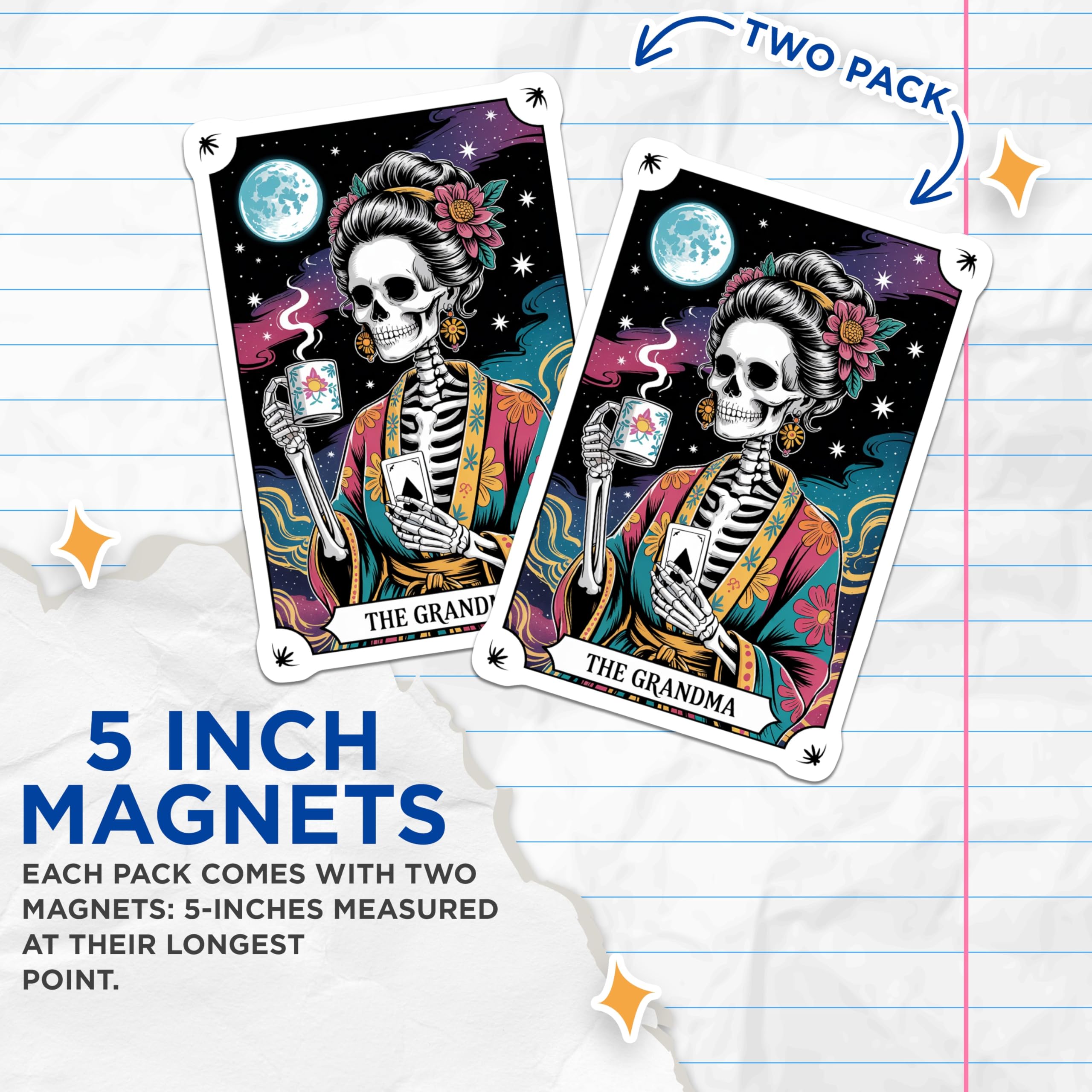 (2 Pack) The Grandma Tarot Card Magnets - Skeleton Day of the Dead Fridge Art - Cosmic Moon Witchy Kitchen Decor - 5 Inches On Longest Side - Thick Durable Magnet - Made in USA - MAG20441