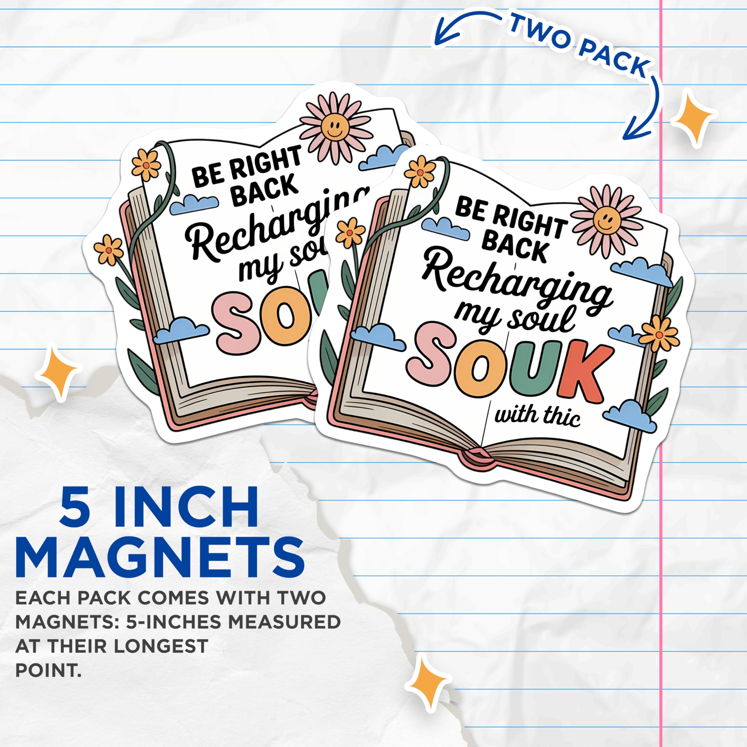 (2 Pack) Souk Recharging Soul Magnets - Whimsical Book Art - Aesthetic Fridge Decor - 5 Inches On Longest Side - Thick Durable Magnet - Made in USA - MAG21787