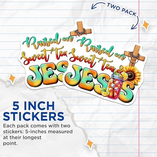 (2 Pack) Raised on Sweet Tea and Jesus Stickers - Rustic Cross Sunflower - Southern Faith Decor - 5" On Longest Side - Sticks to Smooth Flat Surfaces - Made in USA - BMCS8295