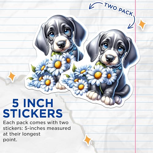 (2 Pack) Cute Puppy Dog Stickers - Adorable Blue Eyed Dog - Flower Design - 5" On Longest Side - Sticks to Smooth Flat Surfaces - Made in USA - BMCS9587