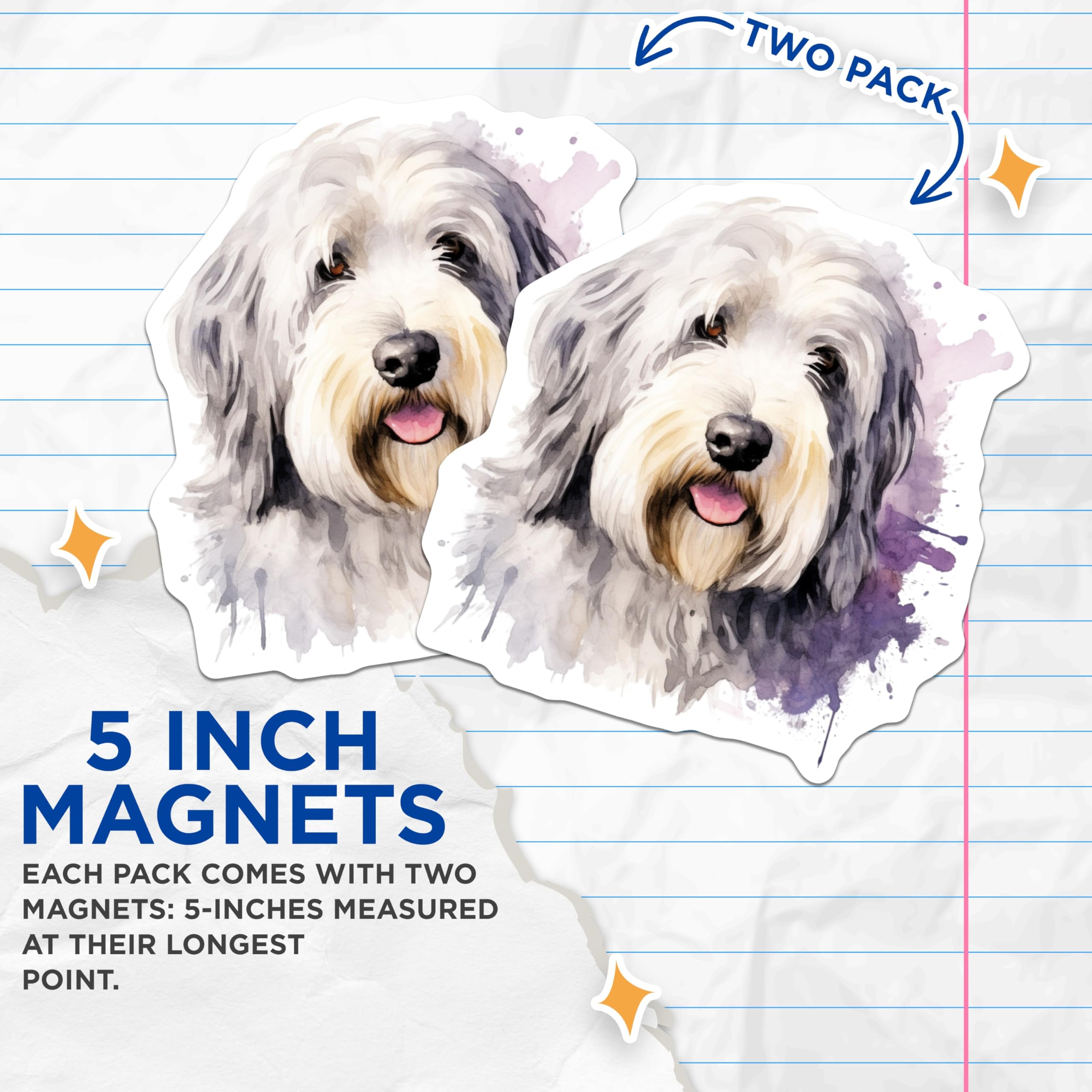 (2 Pack) Watercolor Dog Magnets - Old English Sheepdog Art - Pet Lover Fridge Decor - 5 Inches On Longest Side - Thick Durable Magnet - Made in USA - MAG26018
