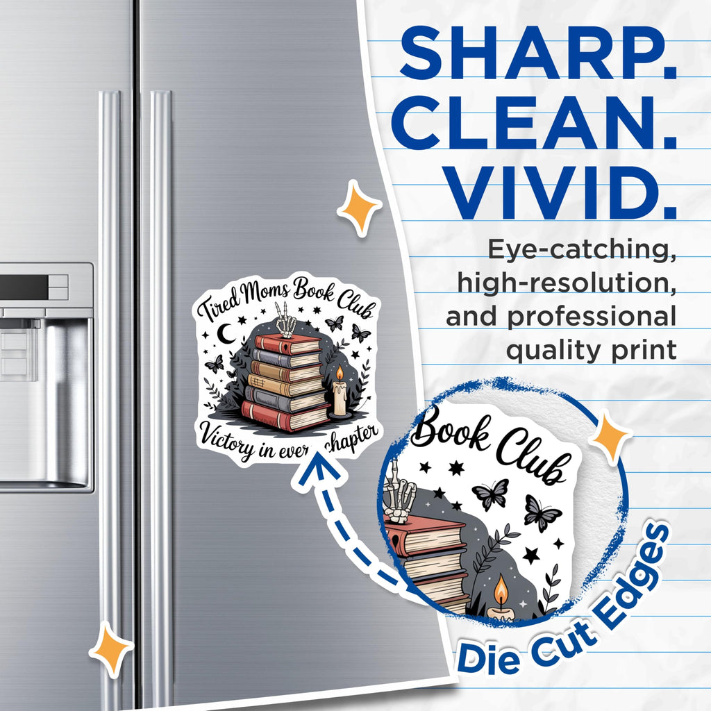 (2 Pack) Book Club Magnets - Tired Moms - Victory in Every Chapter - 5" On Longest Side - Premium Magnet - for Cars, Refrigerators, Toolboxes, Lockers - Made in USA - MAG16510
