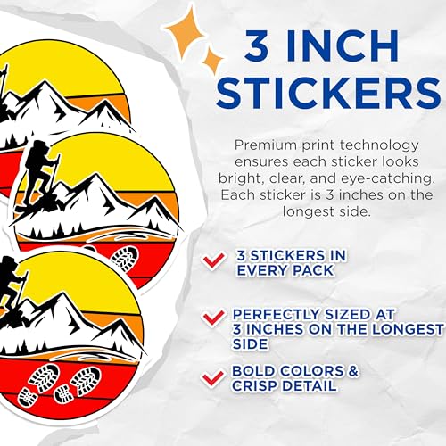 (3 Pack) Mountain Hiker Decals - Adventure Stickers - Footprints Trail Decals - 3 Inches On Longest Side - Easy Peel & Apply - Made in USA - 3MCS4504