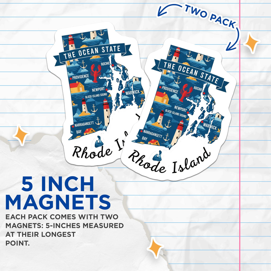 (2 Pack) Rhode Island Magnets - Ocean State Map - Vacation Souvenir Refrigerator Magnets - 5" On Longest Side - Premium Magnet - for Cars, Refrigerators, Toolboxes, Lockers - Made in USA - MAG18869