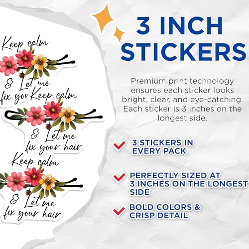 (3 Pack) Hair Stylist Decals - Keep Calm Floral - Beauty Salon Decor - 3 Inches On Longest Side - Easy Peel & Apply - Made in USA - 3MCS6326