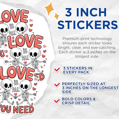 (3 Pack) Love Skulls Decals - Funny Skulls - Laptop Decal - 3 Inches On Longest Side - Easy Peel & Apply - Made in USA - 3MCS1782