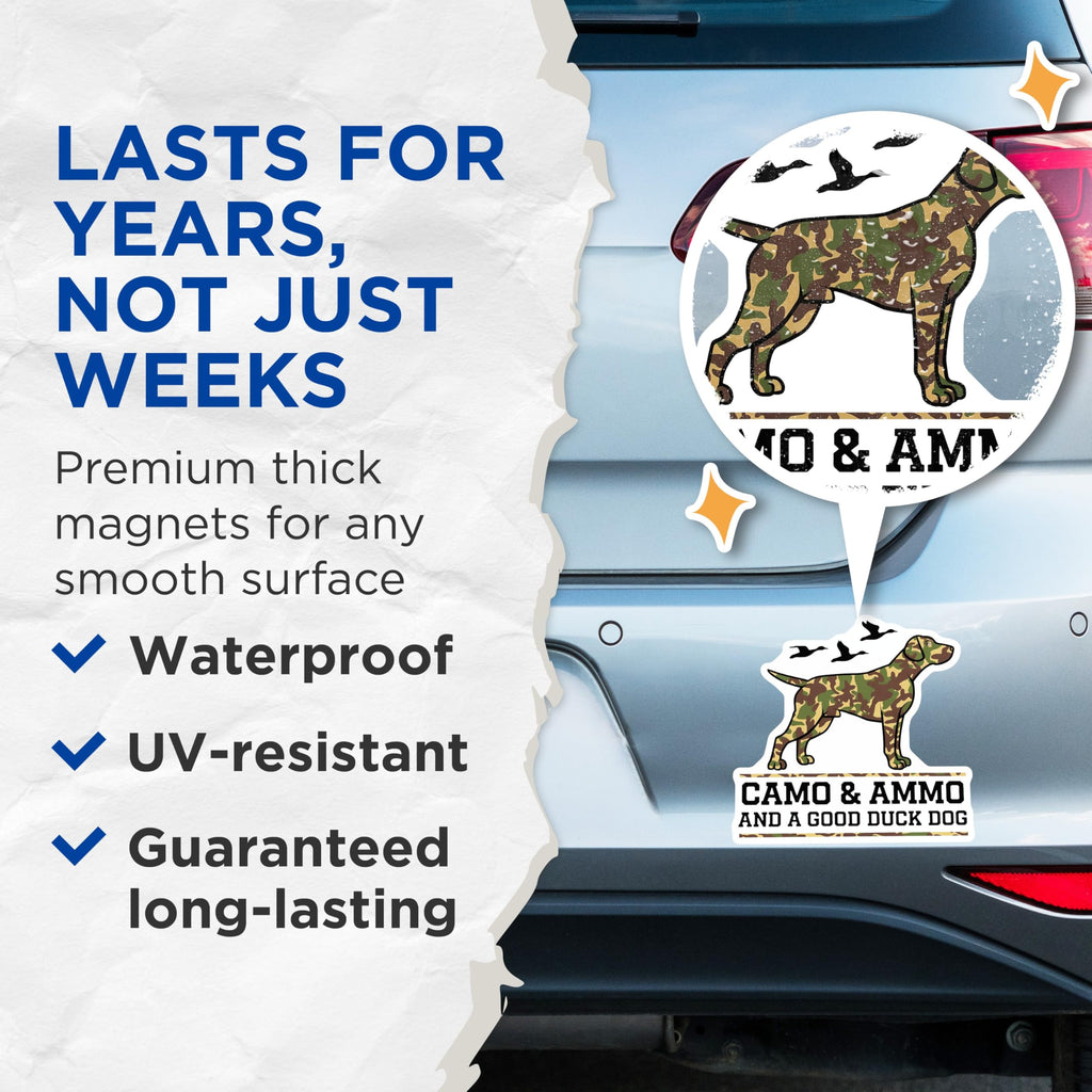 (2 Pack) Camo and Ammo Duck Dog Magnets - Hunting Retriever Decor - Outdoorsman Vehicle Decals - 5 Inches On Longest Side - Thick Durable Magnet - Made in USA - MAG19904