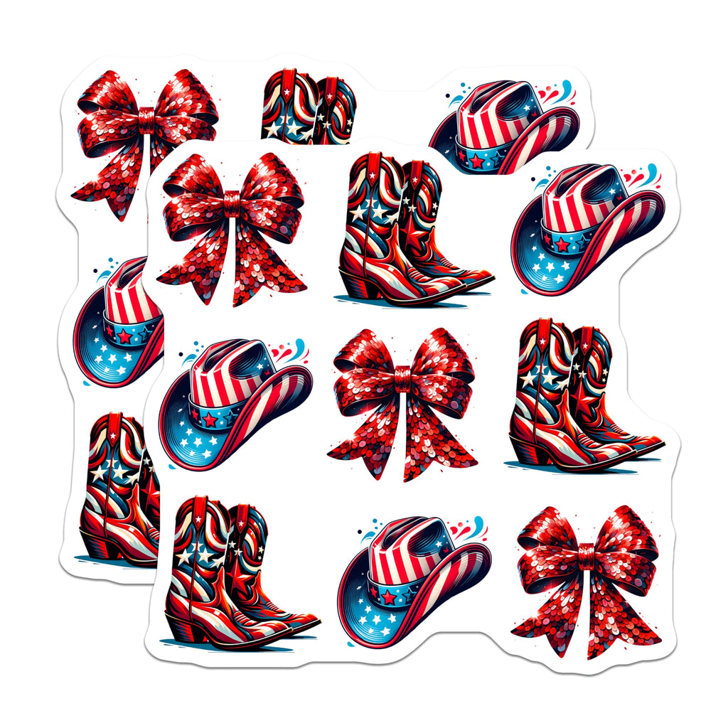 (2 Pack) Patriotic Cowboy Magnets - American Flag Hat Boots Decor - Sparkling Red Bow Accents - USA Western Country Style - 5 Inches On Longest Side - Thick Durable Magnet - Made in USA - MAG22232