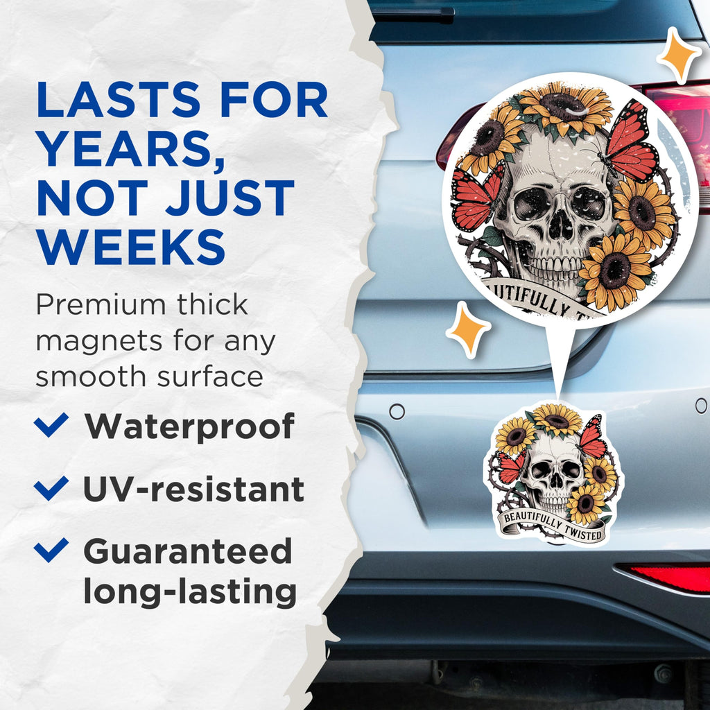 (2 Pack) Skull Sunflower Butterfly Magnets - Gothic Floral Decor - Beautifully Twisted Art - 5 Inches On Longest Side - Thick Durable Magnet - Made in USA - MAG22513