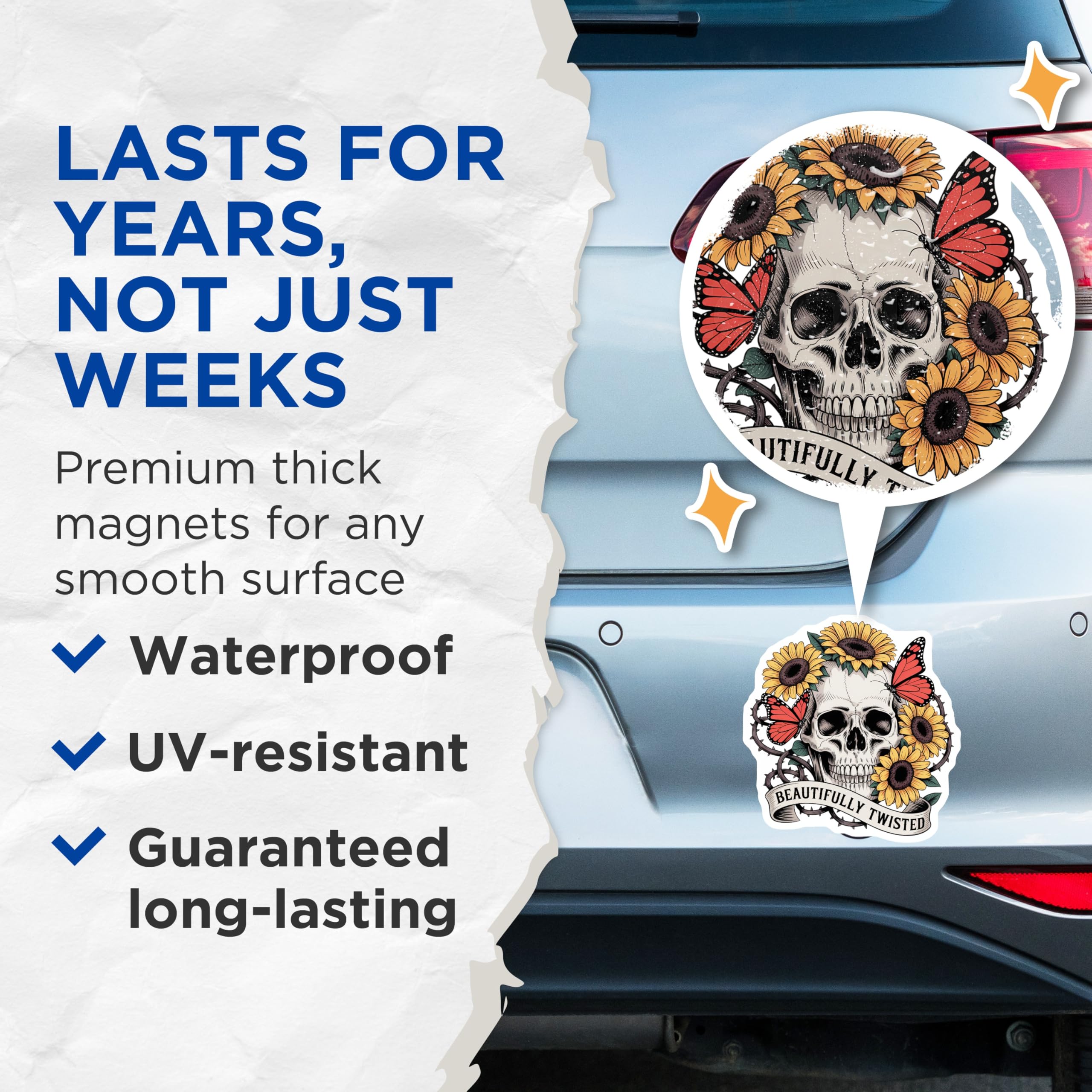 (2 Pack) Skull Sunflower Butterfly Magnets - Gothic Floral Decor - Beautifully Twisted Art - 5 Inches On Longest Side - Thick Durable Magnet - Made in USA - MAG22513