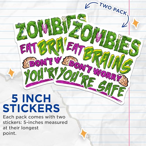 (2 Pack) Zombies Eat Brains Stickers - Funny Zombie Stickers - Halloween Humor Stickers - 5" On Longest Side - Sticks to Smooth Flat Surfaces - Made in USA - BMCS4738