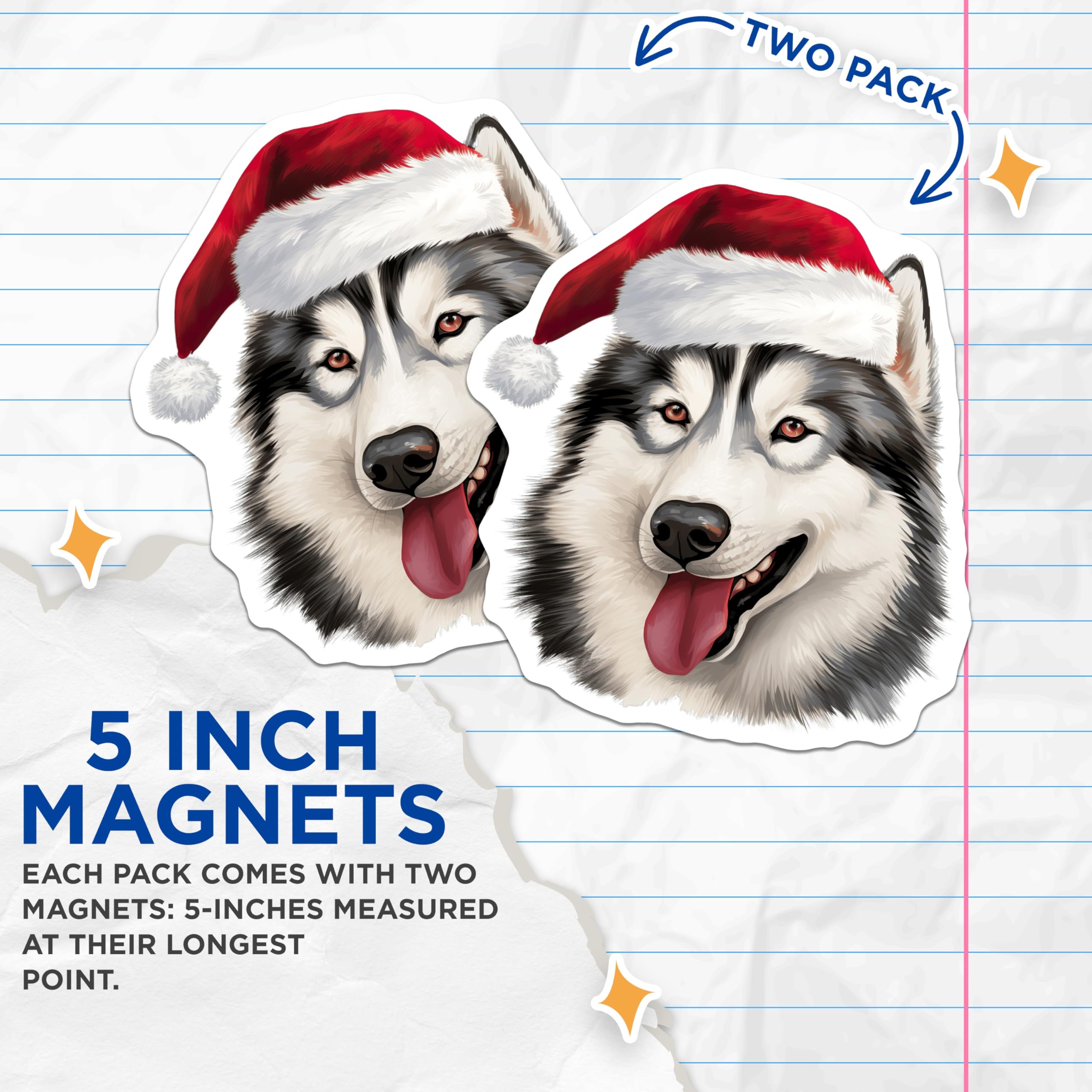 (2 Pack) Husky Christmas Magnets - Santa Hat Dog Decor - Pet Lover Holiday Accent - 5 Inches On Longest Side - Thick Durable Magnet - Made in USA - MAG27274