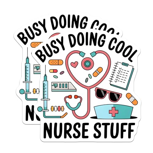 (2 Pack) Busy Doing Cool Nurse Stuff Stickers - Funny Nurse Quotes - Medical Decorations - Cute Nursing Icons - 5" On Longest Side - Sticks to Smooth Flat Surfaces - Made in USA - BMCS6402