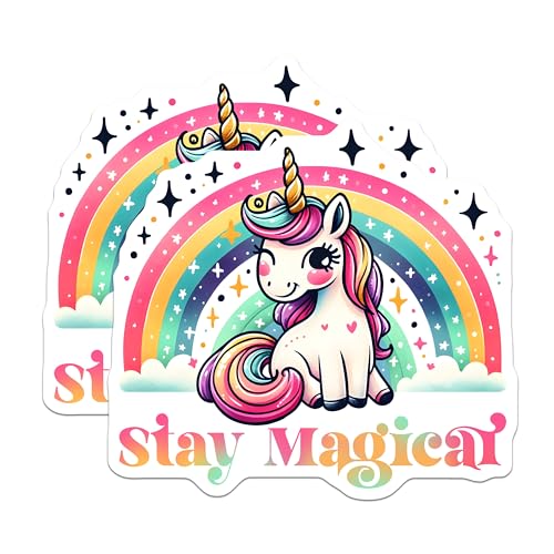 (2 Pack) Cute Unicorn Stickers - Stay Magical - Rainbow Unicorn Decal Decoration - 5" On Longest Side - Sticks to Smooth Flat Surfaces - Made in USA - BMCS8072