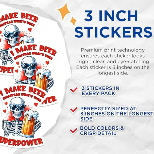 (3 Pack) Funny Beer Decals - Skeleton Superpower - Laptop Car Decals - 3 Inches On Longest Side - Easy Peel & Apply - Made in USA - 3MCS8533