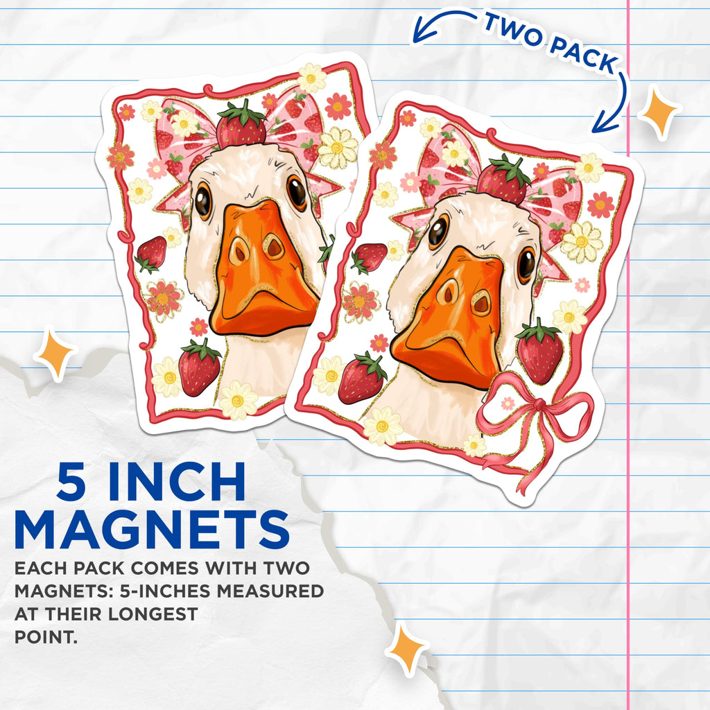 (2 Pack) Charming Goose Magnets - Sweet Strawberry Floral Bow Artwork - Decorative Farm Animal Refrigerator Magnets - 5 Inches On Longest Side - Thick Durable Magnet - Made in USA - MAG23674