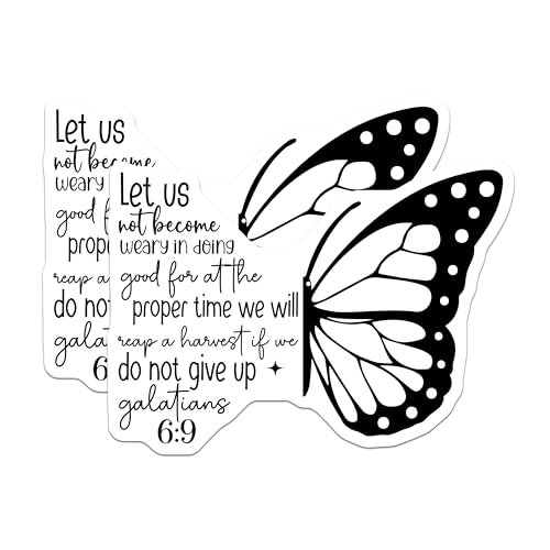 (2 Pack) Inspirational Butterfly Stickers - Bible Verse Stickers - Galatians 6:9 Stickers - 5" On Longest Side - Sticks to Smooth Flat Surfaces - Made in USA - BMCS3854
