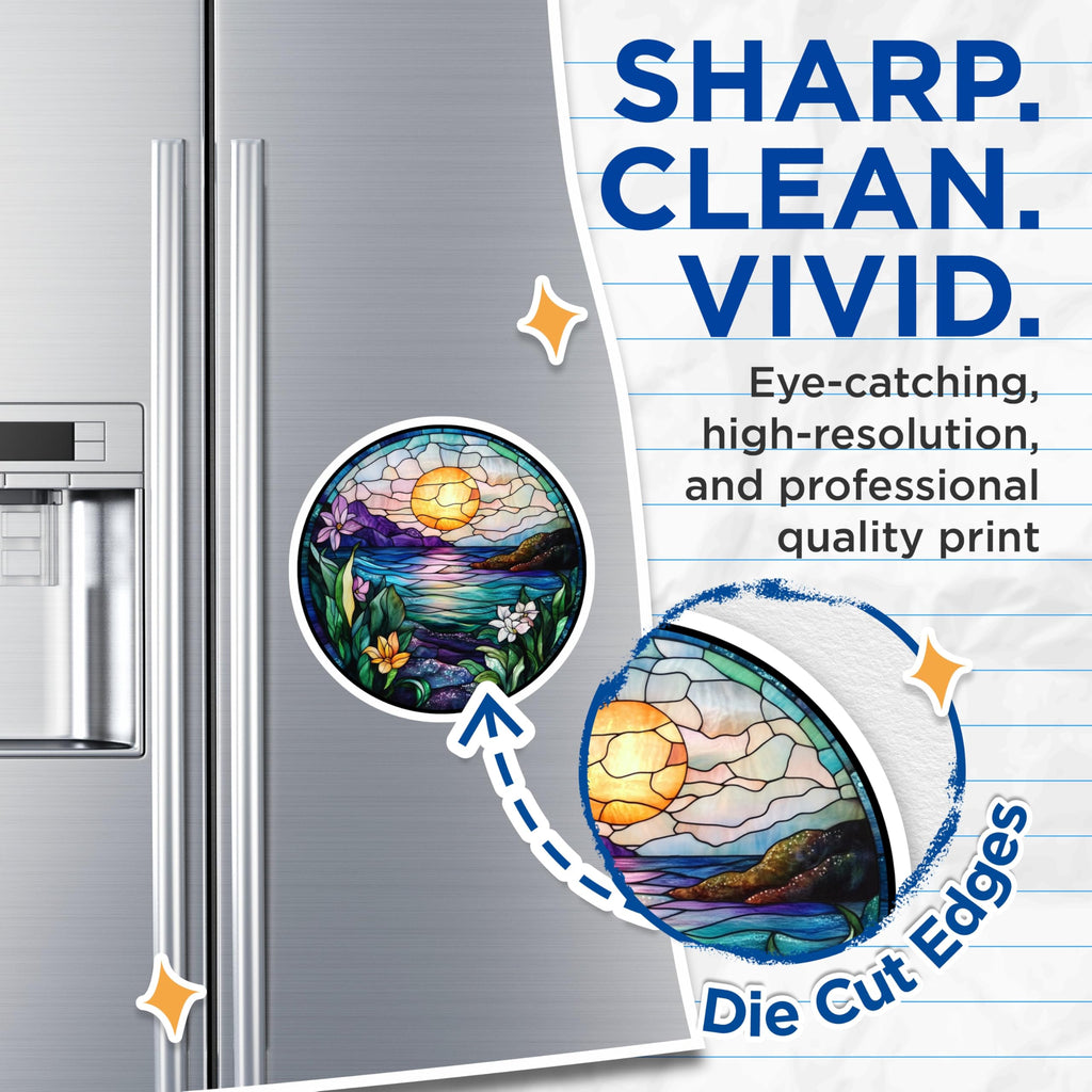 (2 Pack) Stained Glass Ocean Magnets - Vibrant Sunset Landscape - Artistic Tropical Refrigerator Accents - 5 Inches On Longest Side - Thick Durable Magnet - Made in USA - MAG24170