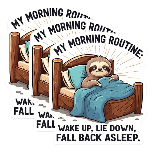 (3 Pack) Sloth Decals - Lazy Morning Routine - Laptop Decals - 3 Inches On Longest Side - Easy Peel & Apply - Made in USA - 3MCS2921