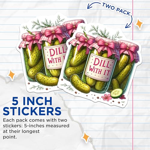 (2 Pack) Pickle Lover Stickers - Funny Dill Pun - Unique Jar Pickle Decal - 5" On Longest Side - Sticks to Smooth Flat Surfaces - Made in USA - BMCS9941