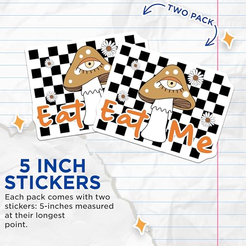 (2 Pack) Eat Me Mushroom Stickers - Psychedelic Art - Trippy Mushroom Design - Fun Decal for Laptop and Water Bottle - 5" On Longest Side - Sticks to Smooth Flat Surfaces - Made in USA - BMCS6446