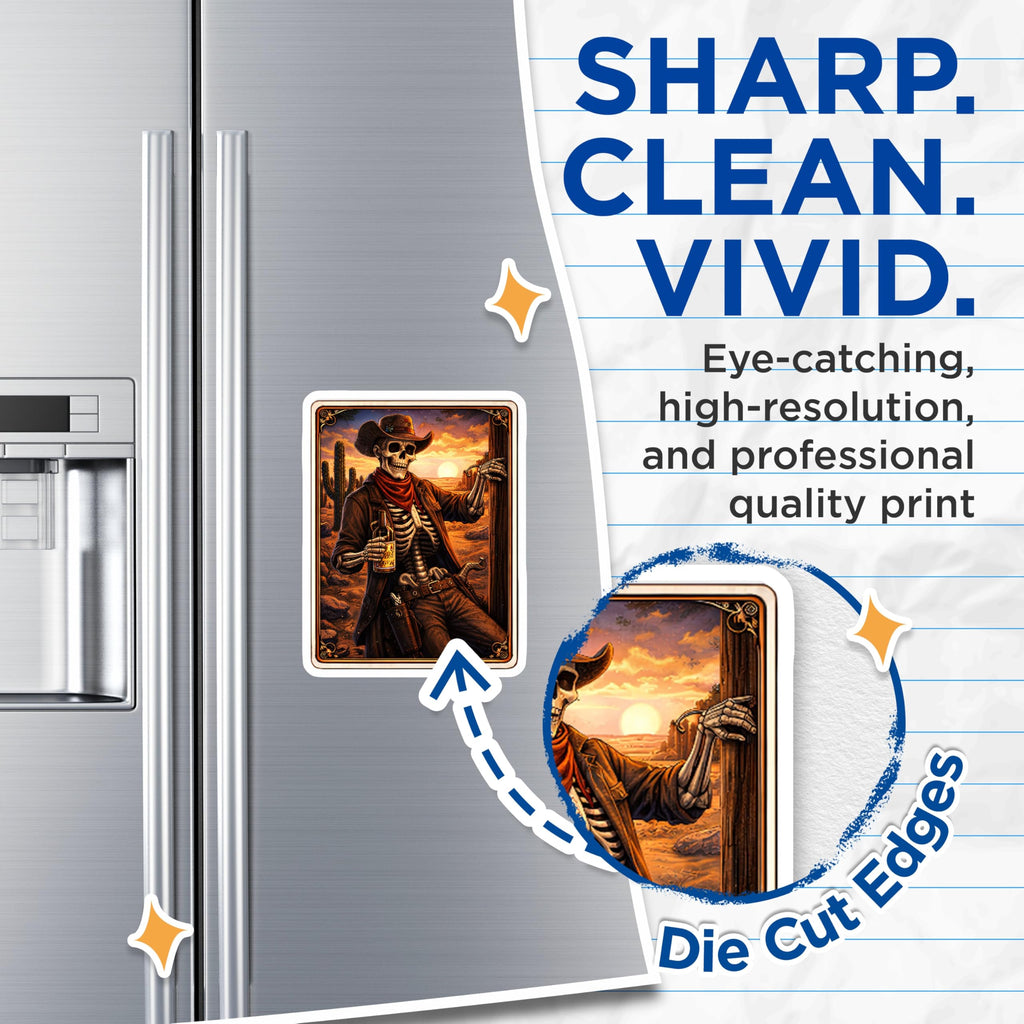 (2 Pack) Skeleton Cowboy Magnets - Western Skull Art - Sunset Desert Decor Magnets - 5" On Longest Side - Premium Magnet - for Cars, Refrigerators, Toolboxes, Lockers - Made in USA - MAG15231